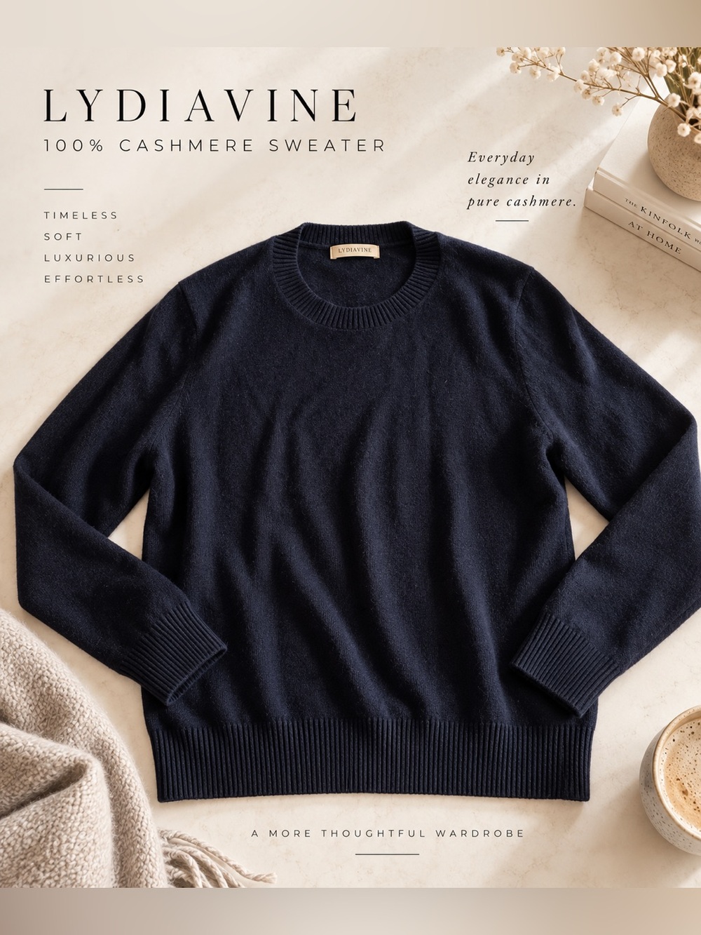 Lydiavine Women's Navy Cashmere Crewneck Sweater